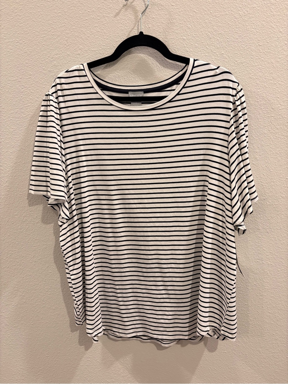 Chico's White and Black Striped Short Sleeve Tee